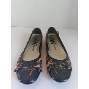 AK Sport Leopard Print Ballet‎ Flats Black Patent Bow Detail Shoes
